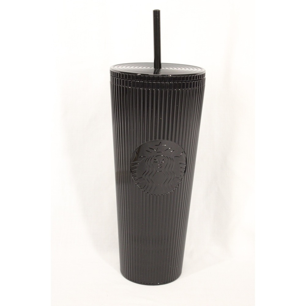 Starbucks 2024 Black Pleated Stripe 24oz Venti Acrylic Tumbler Cold Cup Glossy